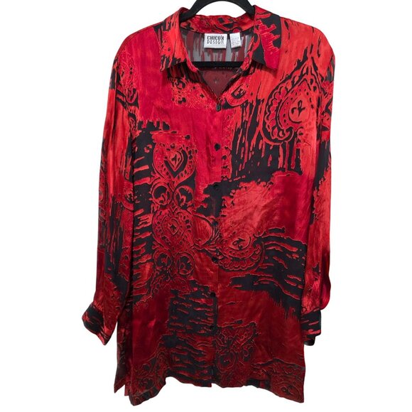 Chicos Design Women's Red & Black Abstract Long Sleeve Silk Boho Button-Up Blous - Picture 1 of 8